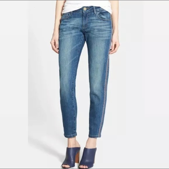 DL1961 Azalea Relaxed Skinny Distressed Striped Slim Denim Jeans - Picture 1 of 7